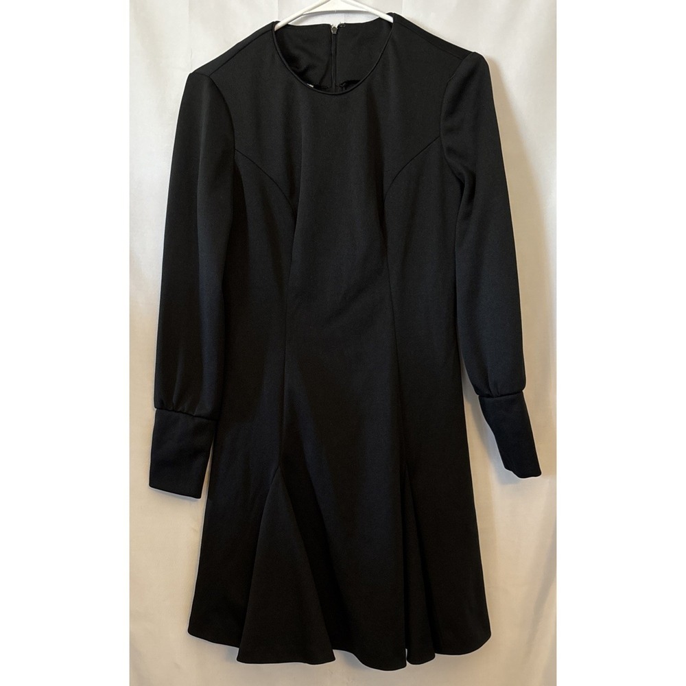 Vtg Montgomery Ward Dress Black L Sleeve Pearl Button Cuff Fit & Flare Fluted 13